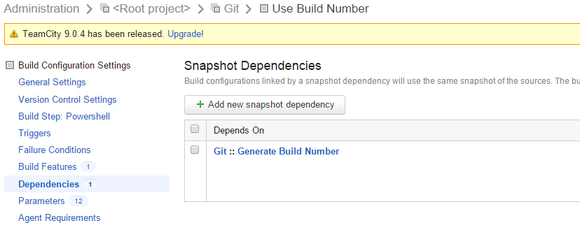 Continuous build configuration with snapshot dependency